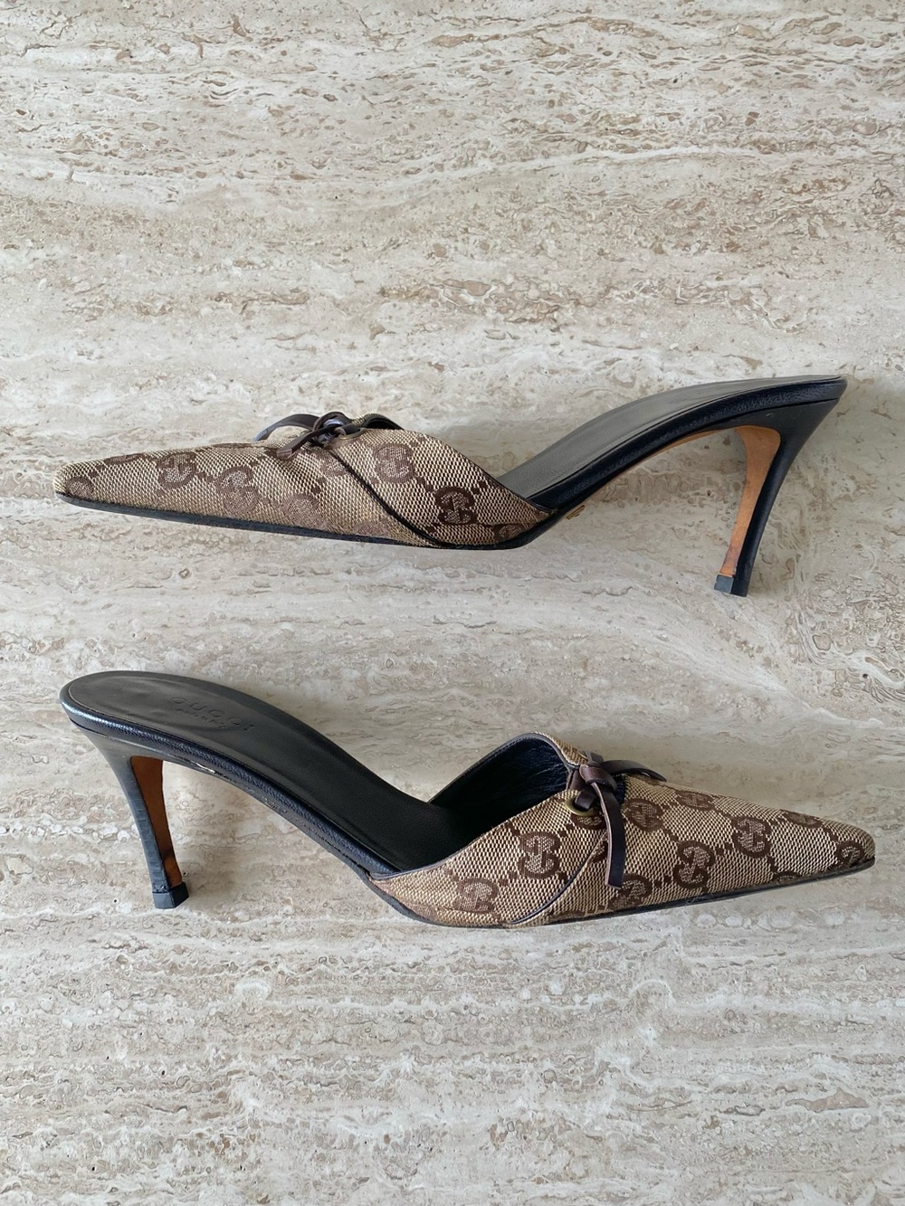 Vintage Gucci GG Canvas Tie Mule Heels - Picture 2 of 11